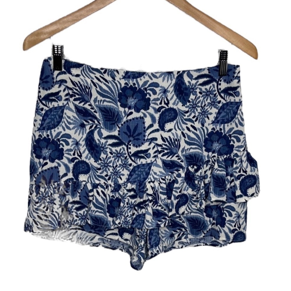 NWOT Zara Blue White Floral Ruffle Linen Shorts Women Size M